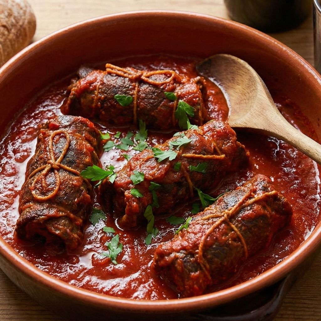 Rustic terracotta bowl filled with Calabrian Braciole meat rolls tied with twine, simmering in a rich tomato sauce with fresh parsley.