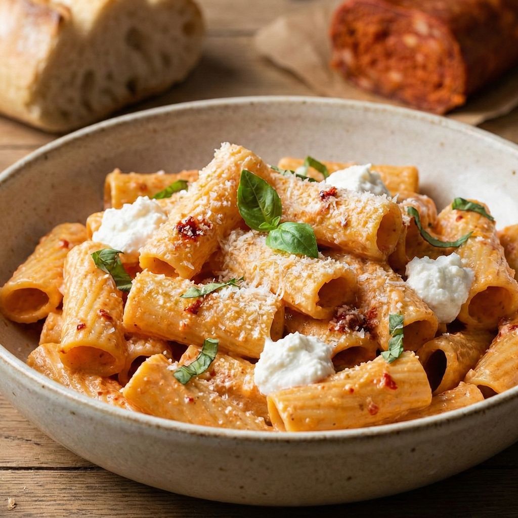 Rustic bowl of Rigatoni coated in a creamy pink 'nduja and ricotta sauce, topped with fresh ricotta dollops and basil.