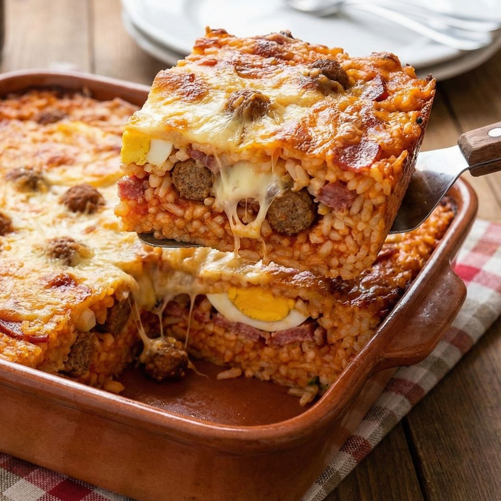 A slice of rich Calabrian baked rice casserole (Riso al Forno) being lifted, revealing melted cheese, tiny meatballs, and hard-boiled eggs inside.