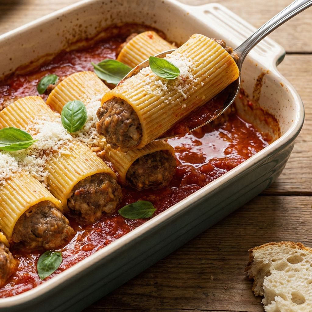 A spoon lifting a large, meat-stuffed Schiaffettoni pasta tube from a rustic baking dish filled with tomato sauce, cheese, and basil.