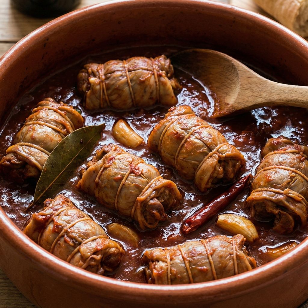 Rustic terracotta pot filled with Calabrian Mazzacorde (lamb intestine rolls) simmering in a rich, dark tomato and chili sauce with bay leaves.