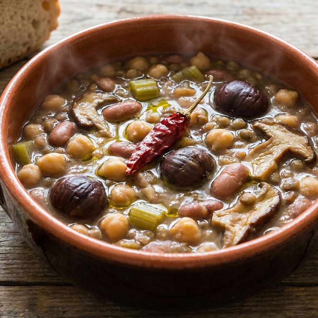 Rustic terracotta bowl holding steaming Calabrian Millecosedde, a thick soup of legumes, chestnuts, and mushrooms, topped with a dried chili pepper.