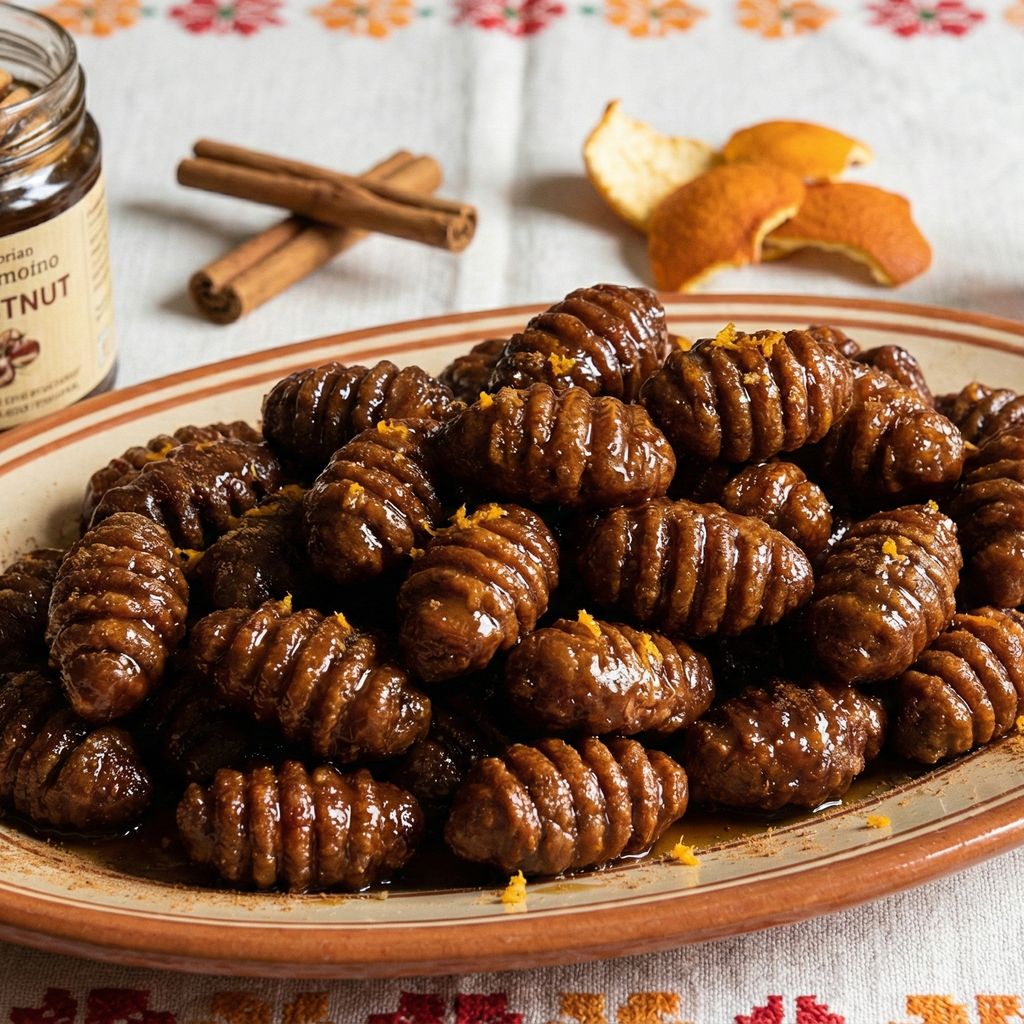 Rustic platter piled with dark, glossy Calabrian Turdilli pastries coated in honey and orange zest, with chestnut honey and spices in the background.