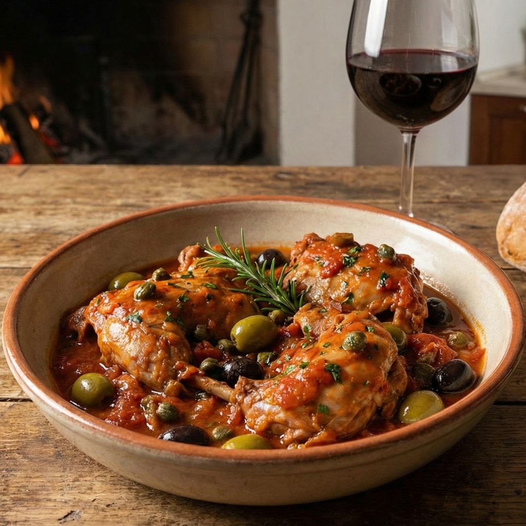Rustic earthenware bowl filled with Calabrian rabbit stew, featuring rabbit pieces in a rich tomato sauce with green and black olives, capers, and fresh herbs, set on a wooden table.