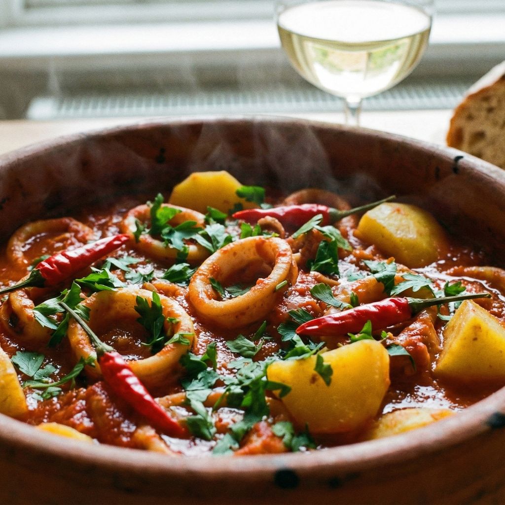 A rustic terracotta pot filled with a rich Calabrian stew of squid rings and yellow potato chunks in a thick, spicy tomato sauce. Fresh parsley and red chili peppers garnish the dish, with a glass of white wine and rustic bread in the background. 