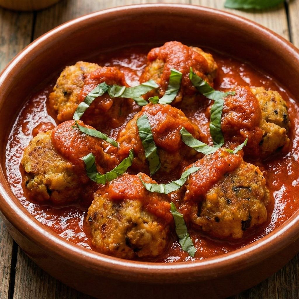 Calabrian breadballs in tomato sauce in a rustic bowl.