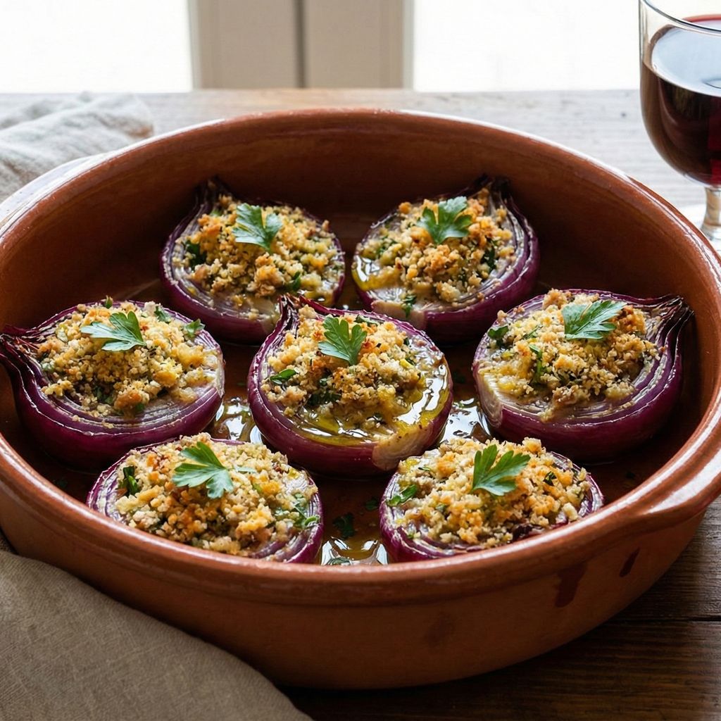 Oven-baked whole red Tropea onions stuffed with golden breadcrumbs and herbs in a ceramic dish.