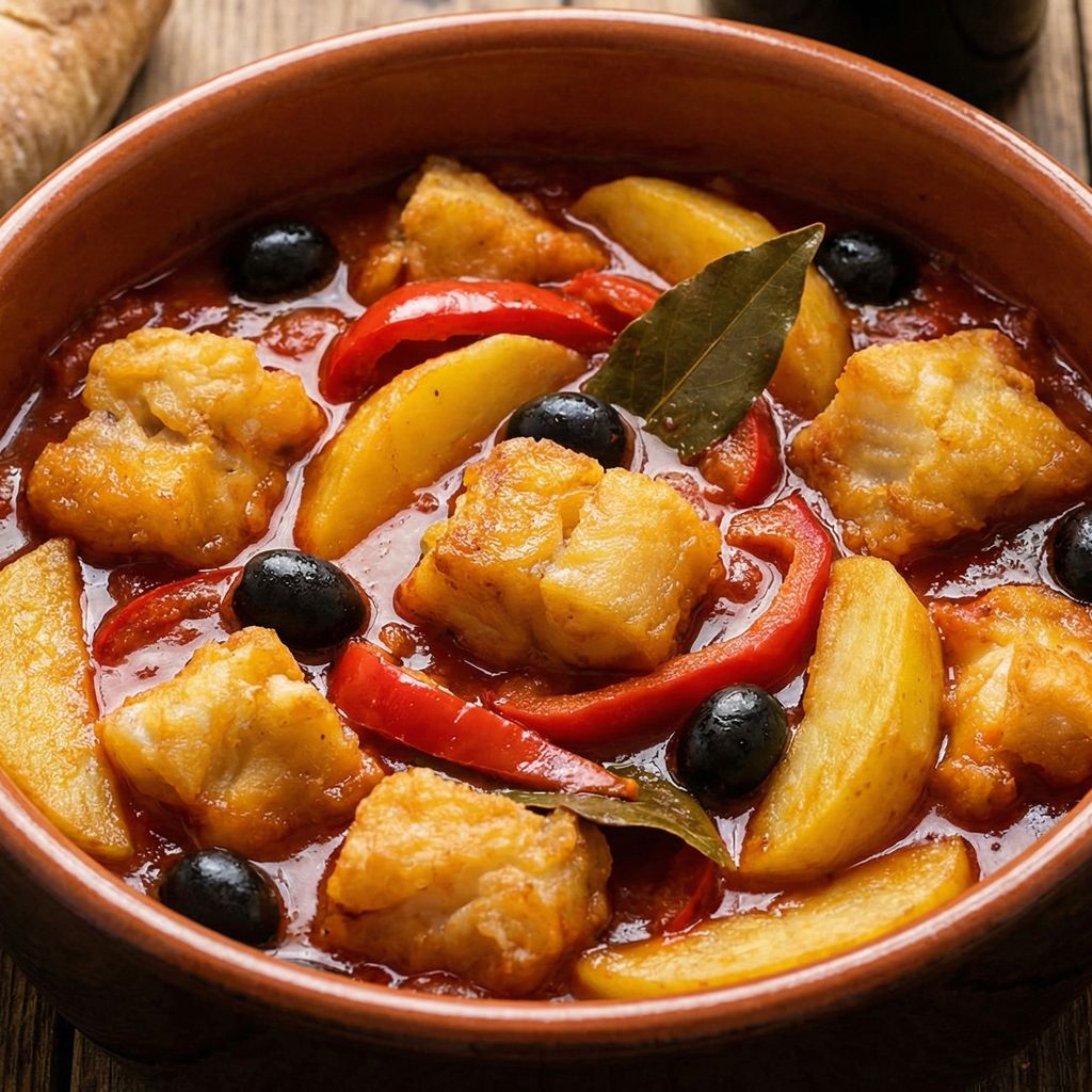 Baccalà alla Cosentina stew in a terracotta bowl.