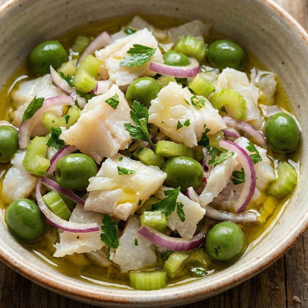 Bowl of raw stockfish salad with olives and celery.