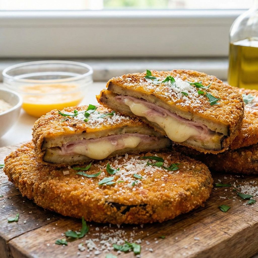 Crispy breaded eggplant cutlets filled with melted cheese and ham.