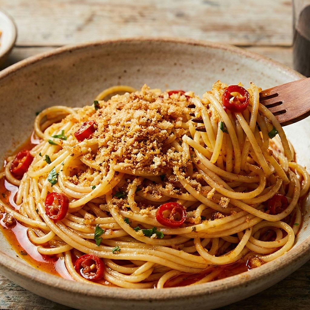 Spaghetti with toasted breadcrumbs and chili in a rustic bowl.