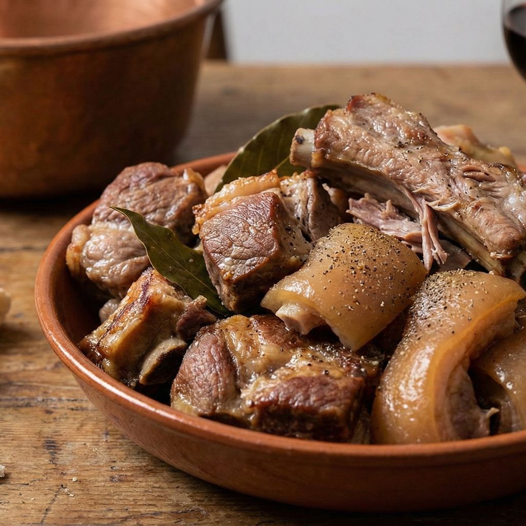 Rustic bowl of slow-cooked pork frittole with lemon.