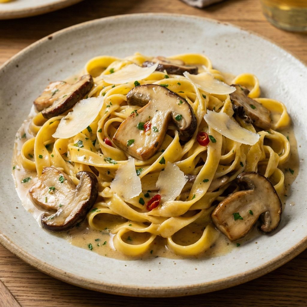Rustic plate of tagliatelle with porcini mushrooms and cheese shavings.