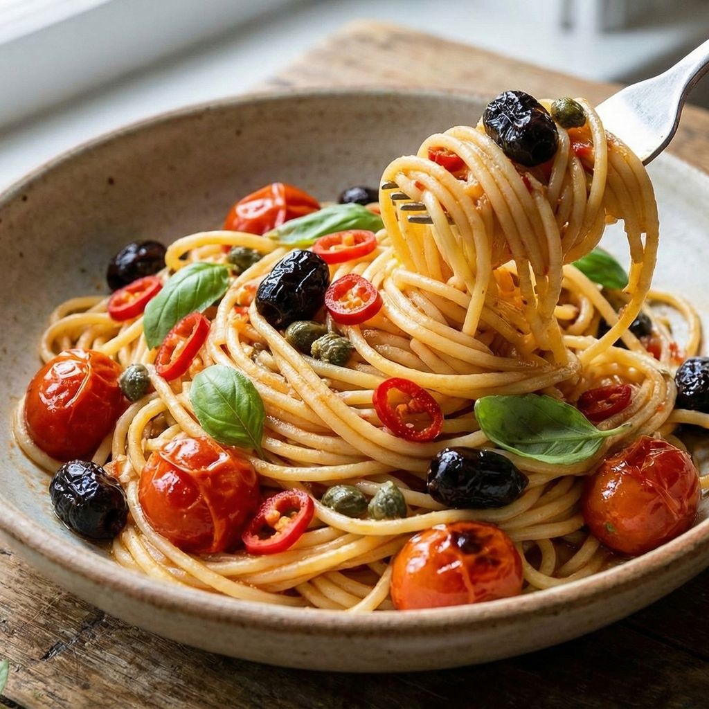 Rustic bowl of vermicelli with tomatoes, olives, and capers.