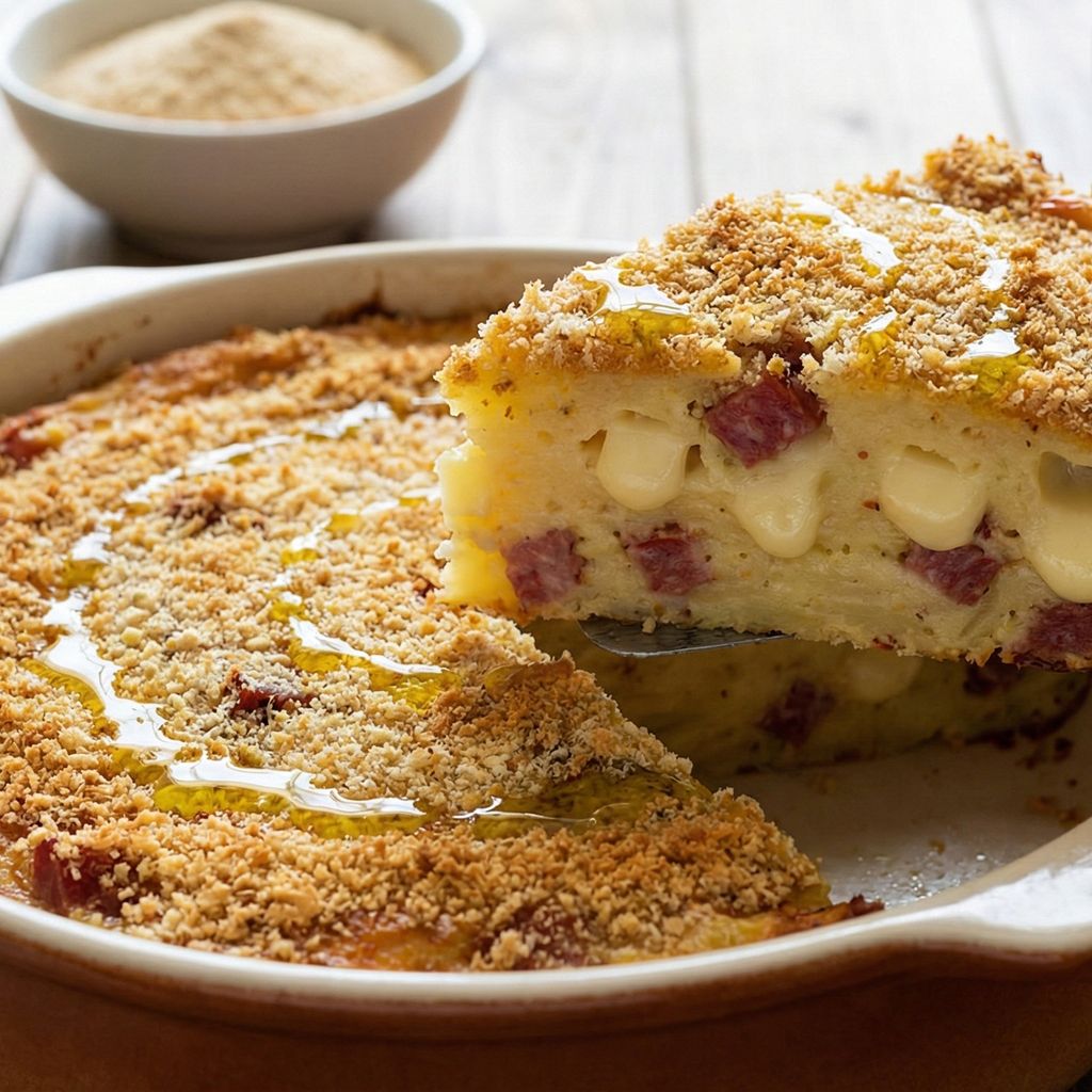 Slice of rustic potato pie filled with cheese and salami.
