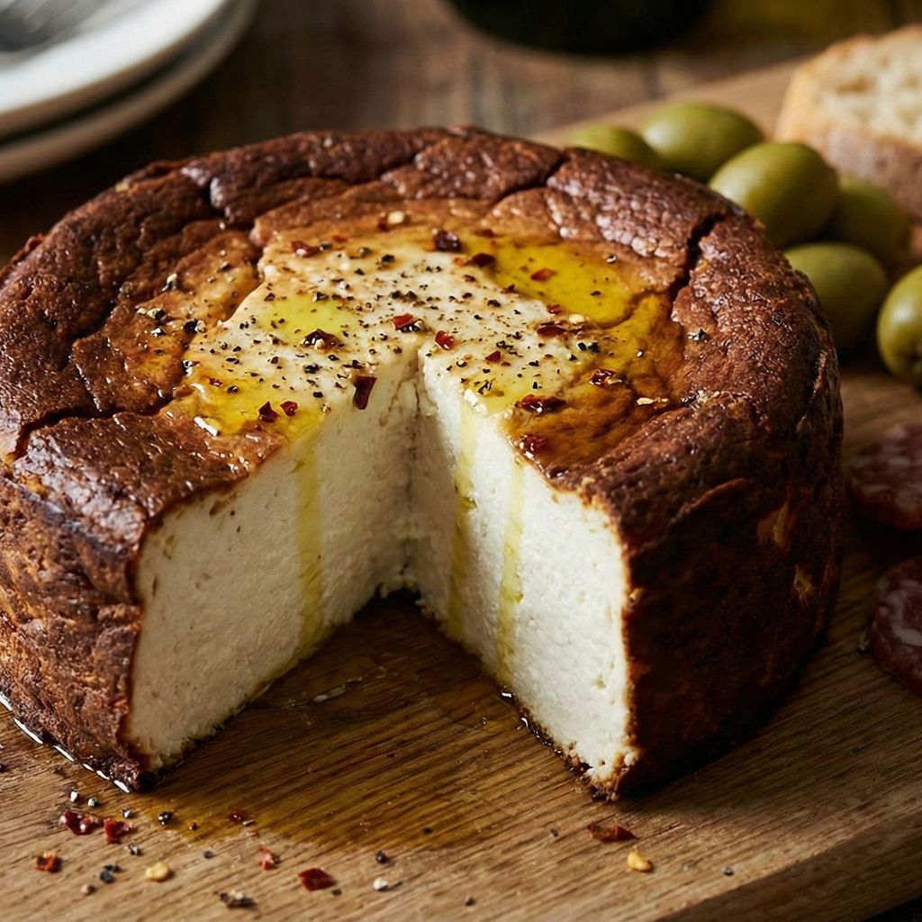 Baked ricotta with a dark crust on a rustic board.