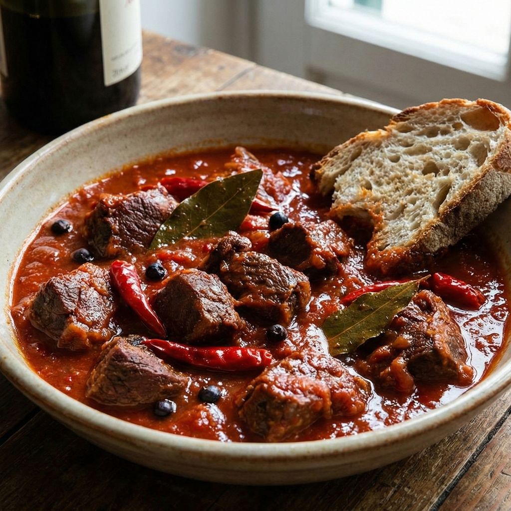 Rustic bowl of Calabrian wild boar stew with chilies and bread.