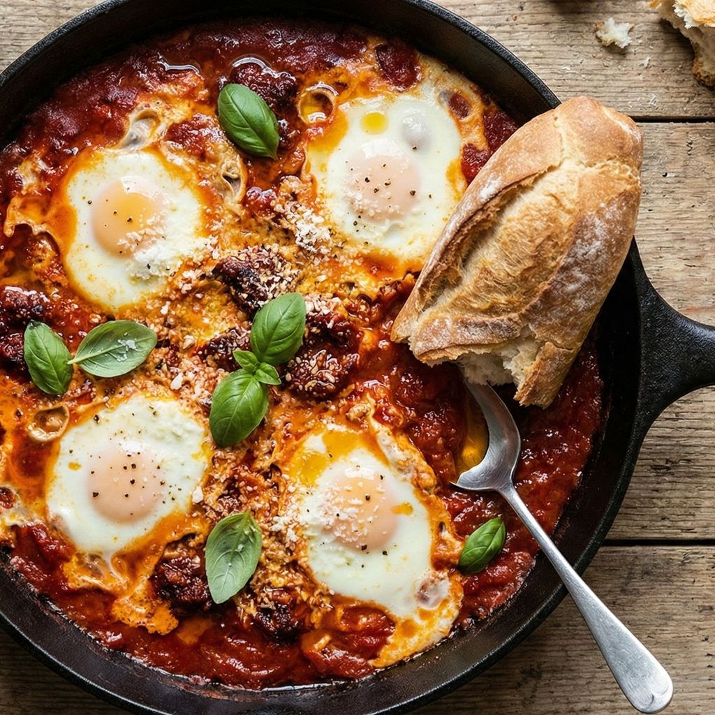Spicy eggs in purgatory with 'nduja and bread.