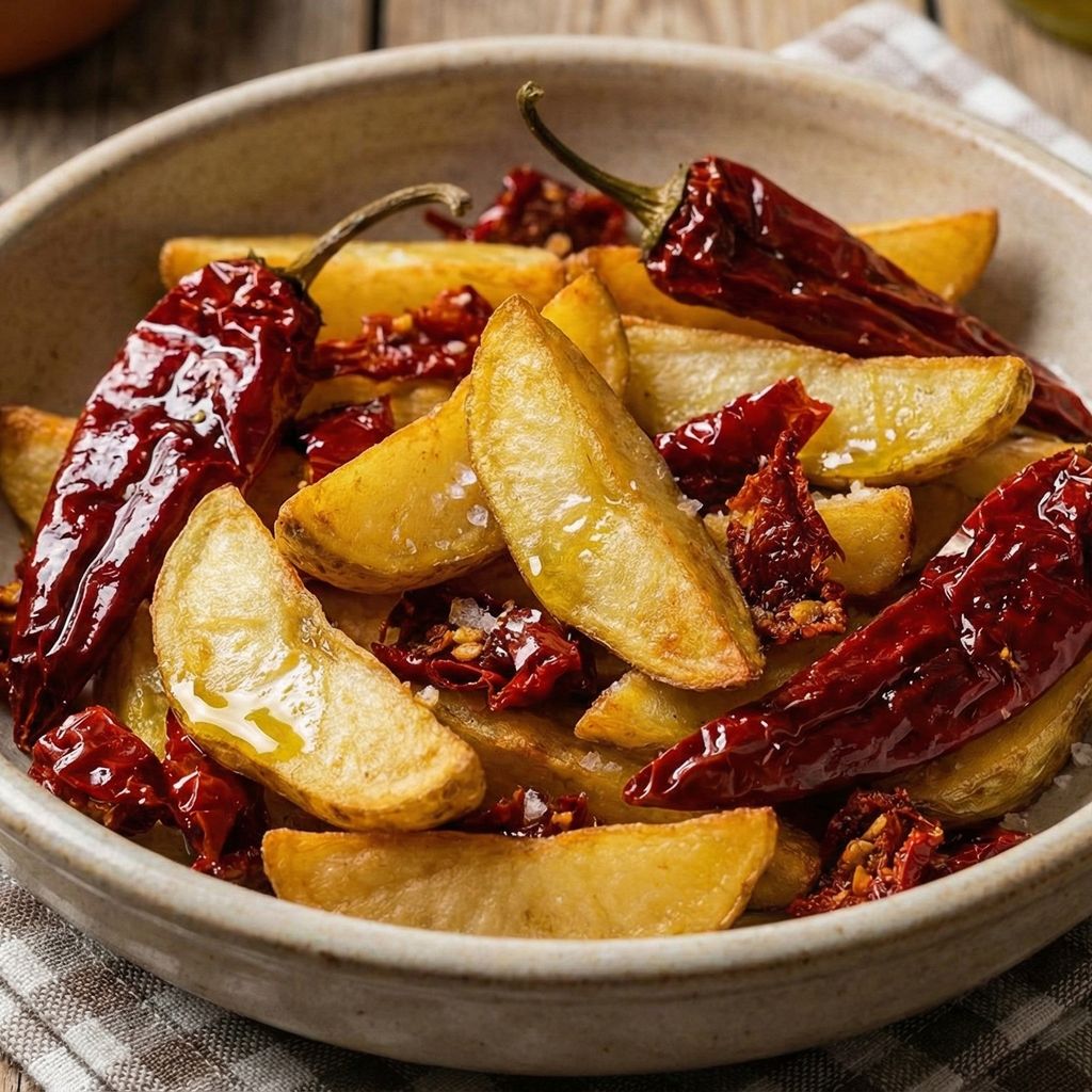 Bowl of fried potatoes and crunchy dried peppers.