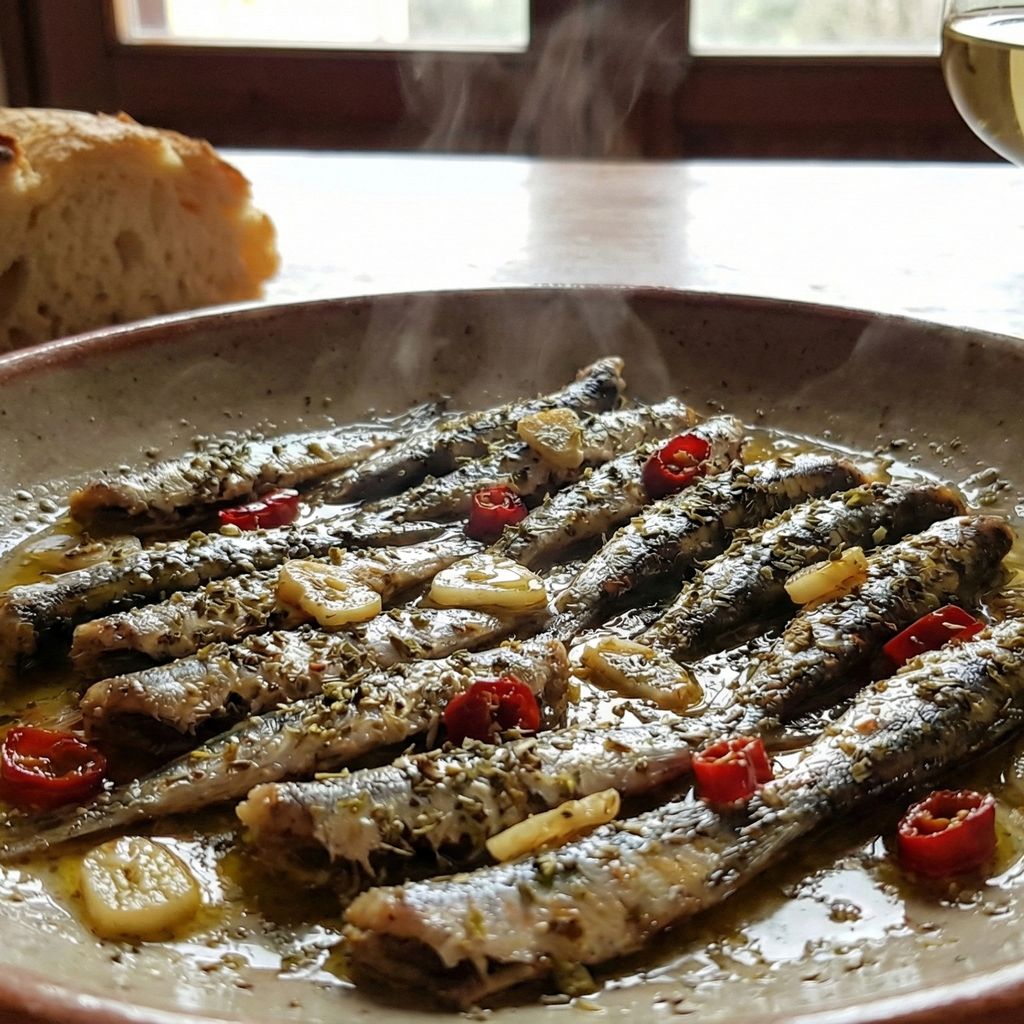 Steaming plate of vinegar-seared anchovies with oregano and chili pepper.