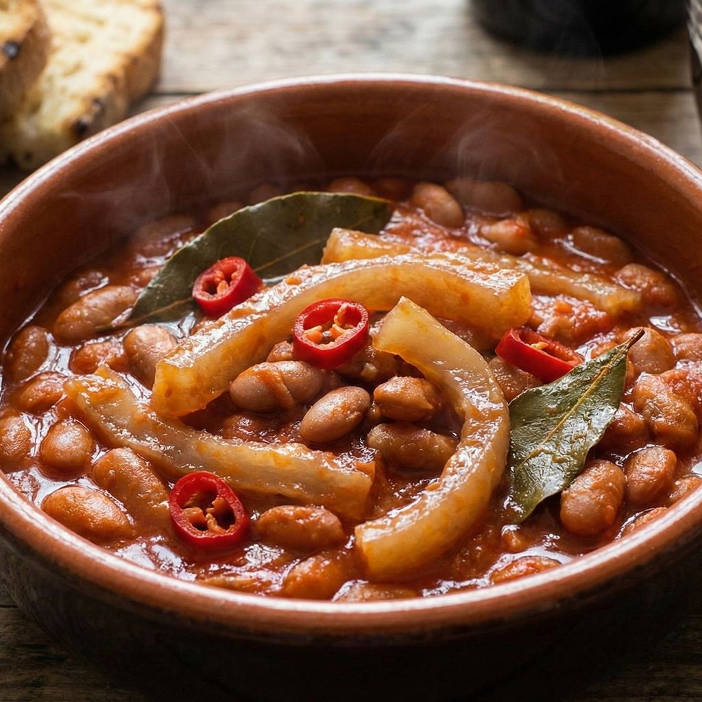 Rustic bowl of spicy Calabrian bean and pork rind stew.