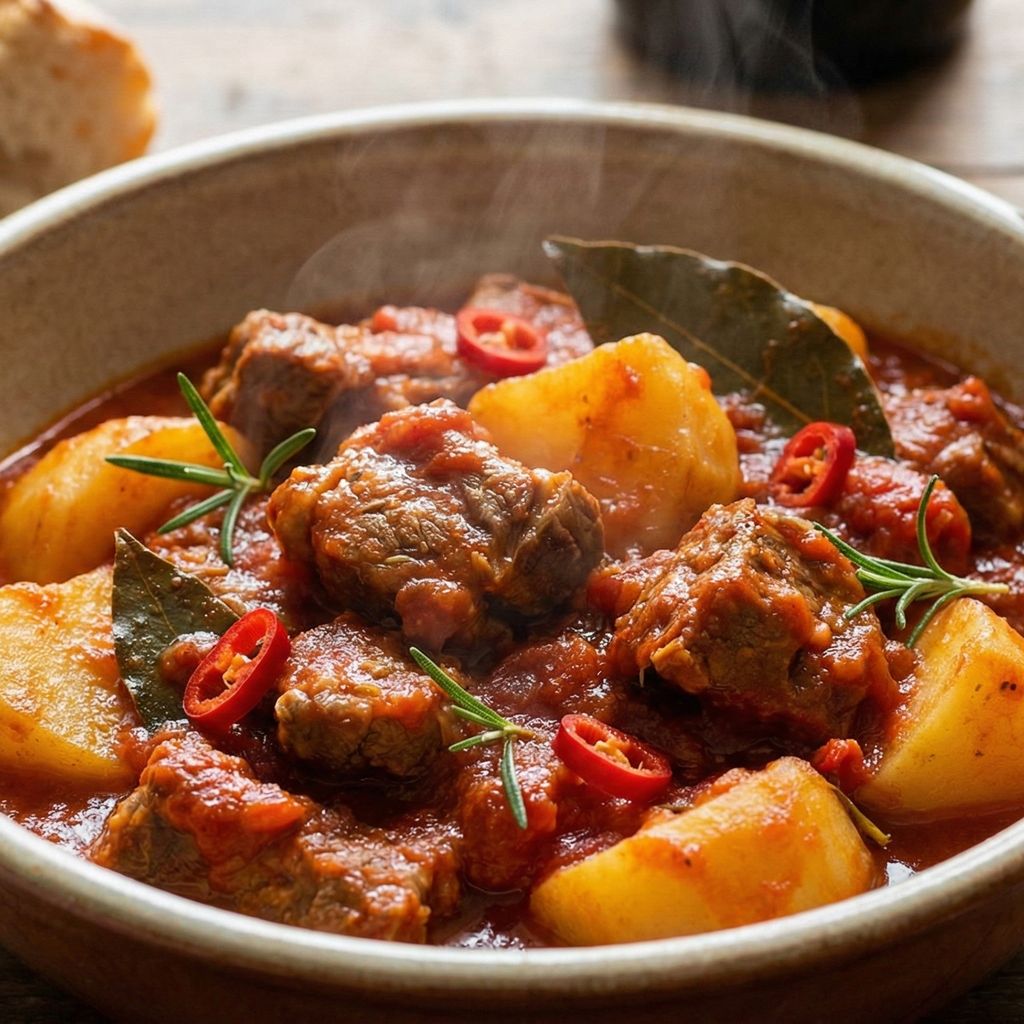 Rustic bowl of steaming Calabrian lamb and potato stew.