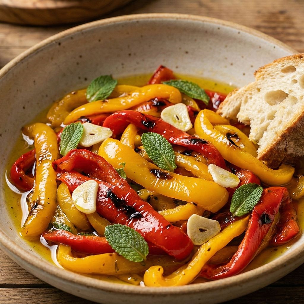 Bowl of roasted peppers marinated with garlic and mint.
