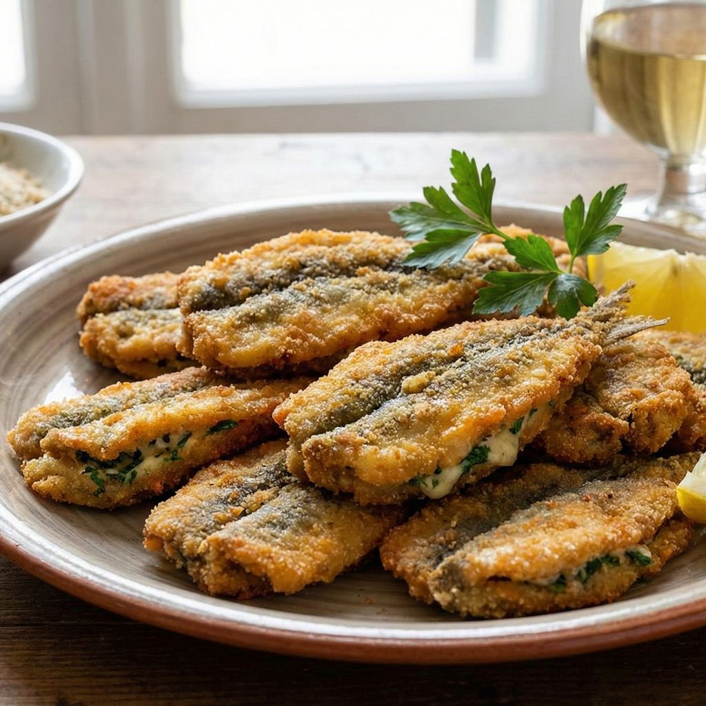 Rustic plate of golden fried stuffed anchovies with lemon wedges.