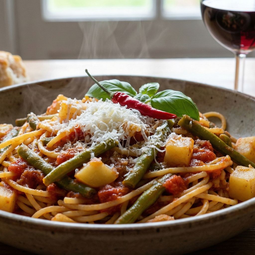Rustic bowl of pasta with green beans, potatoes, and tomato sauce.