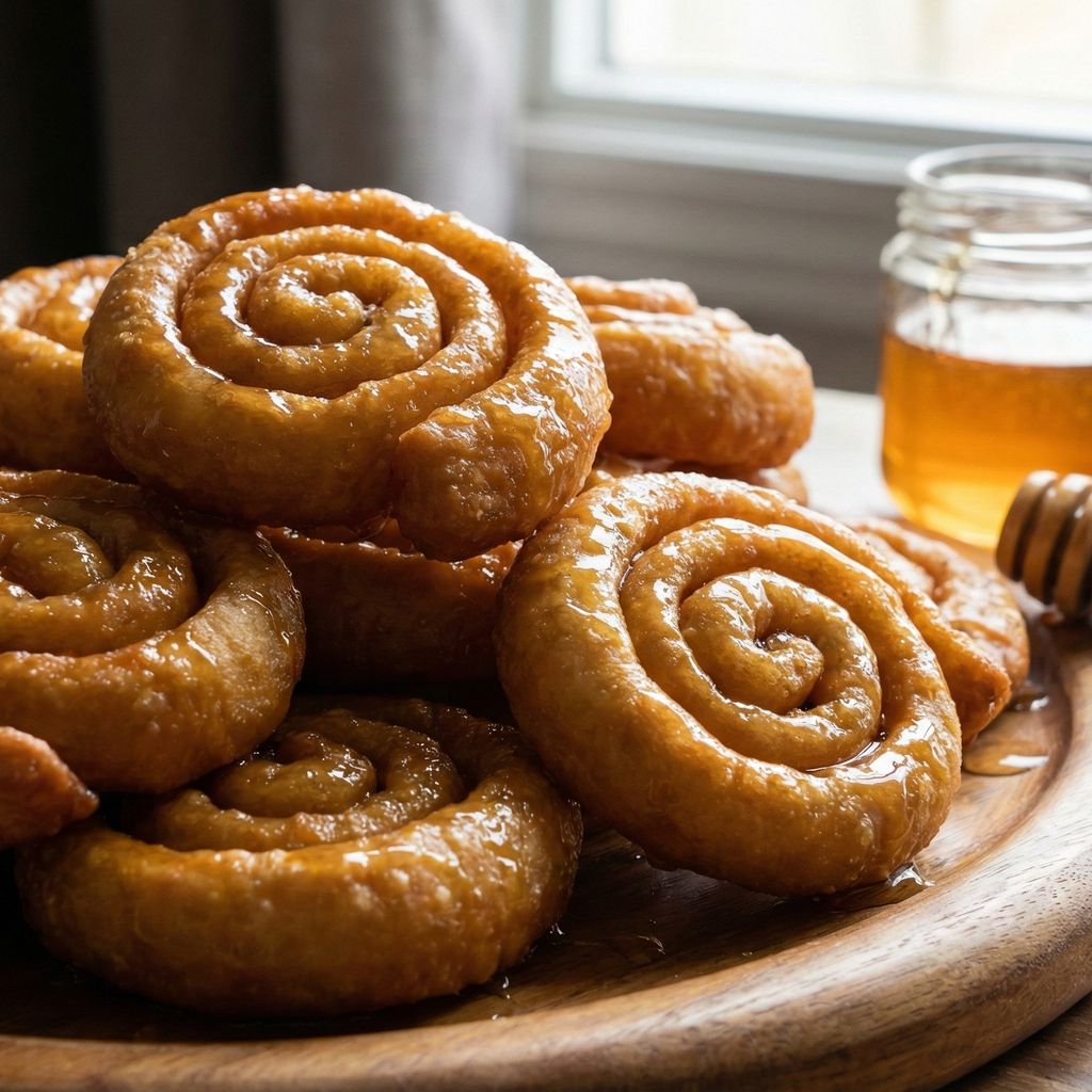 Golden spiral-shaped fried dough glazed with honey.