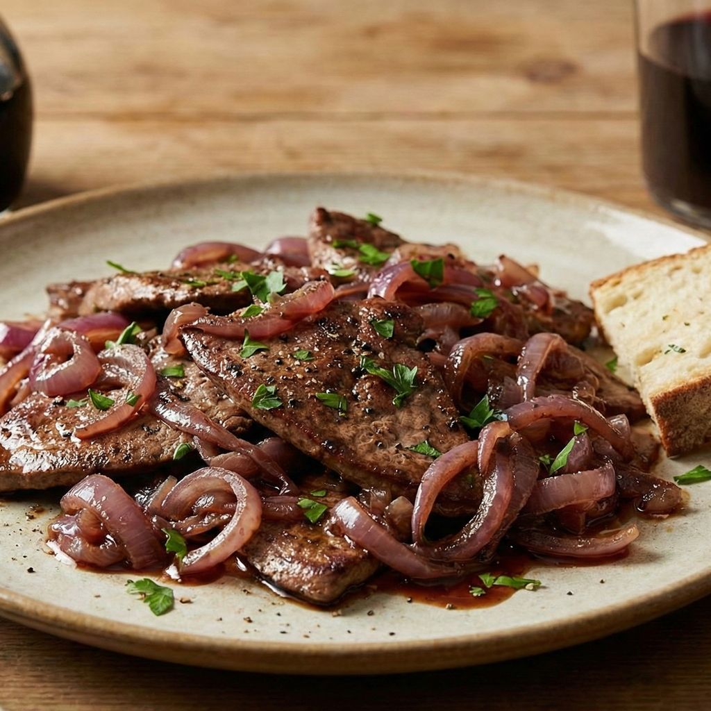 Seared liver with glazed red onions and bread.