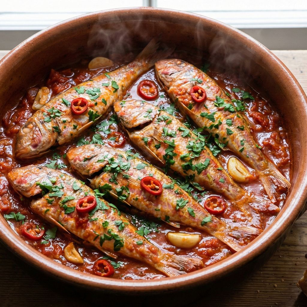 Spicy red mullet stew in a clay pot.