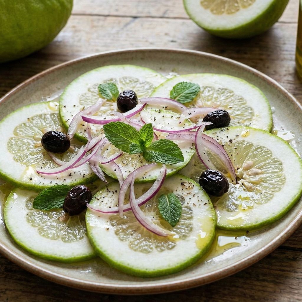 Sliced citron salad with red onions and olives.
