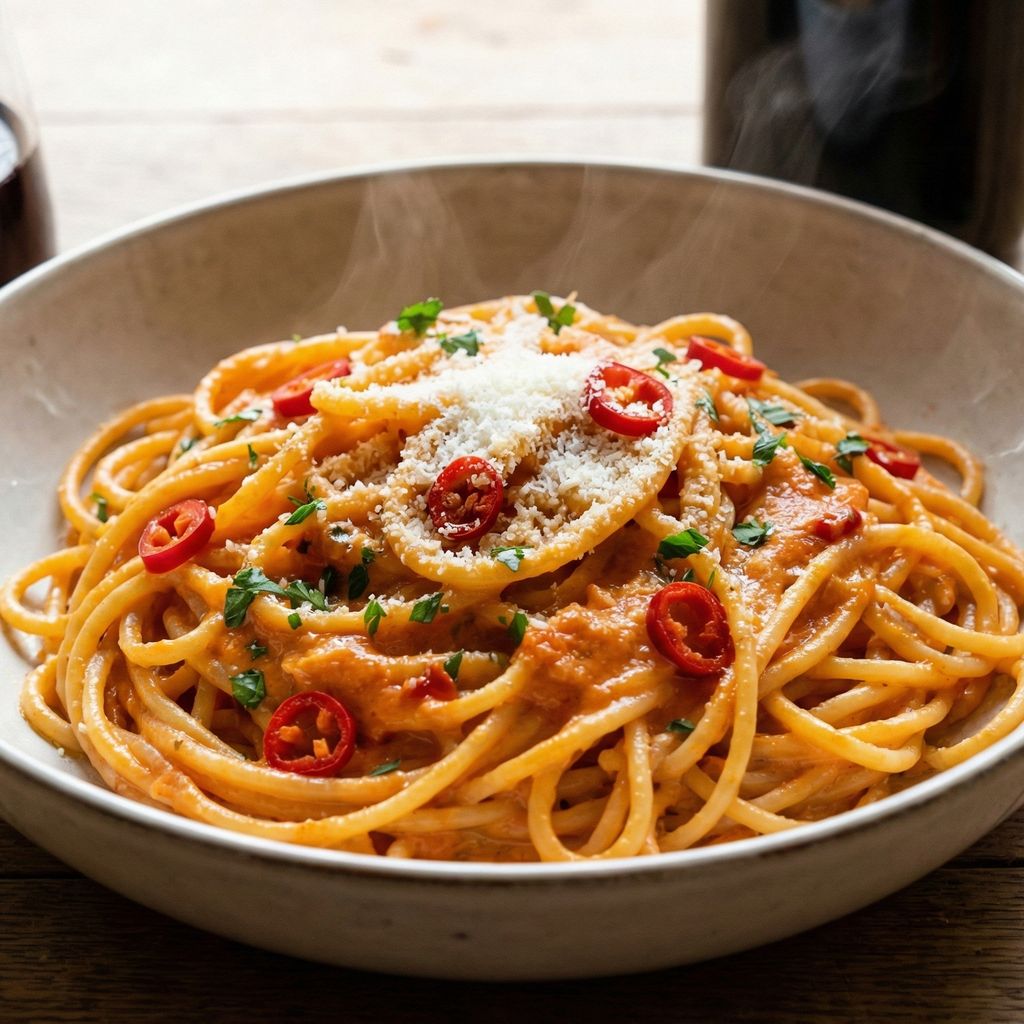 Bowl of spicy spaghetti with sliced chilies and cheese.