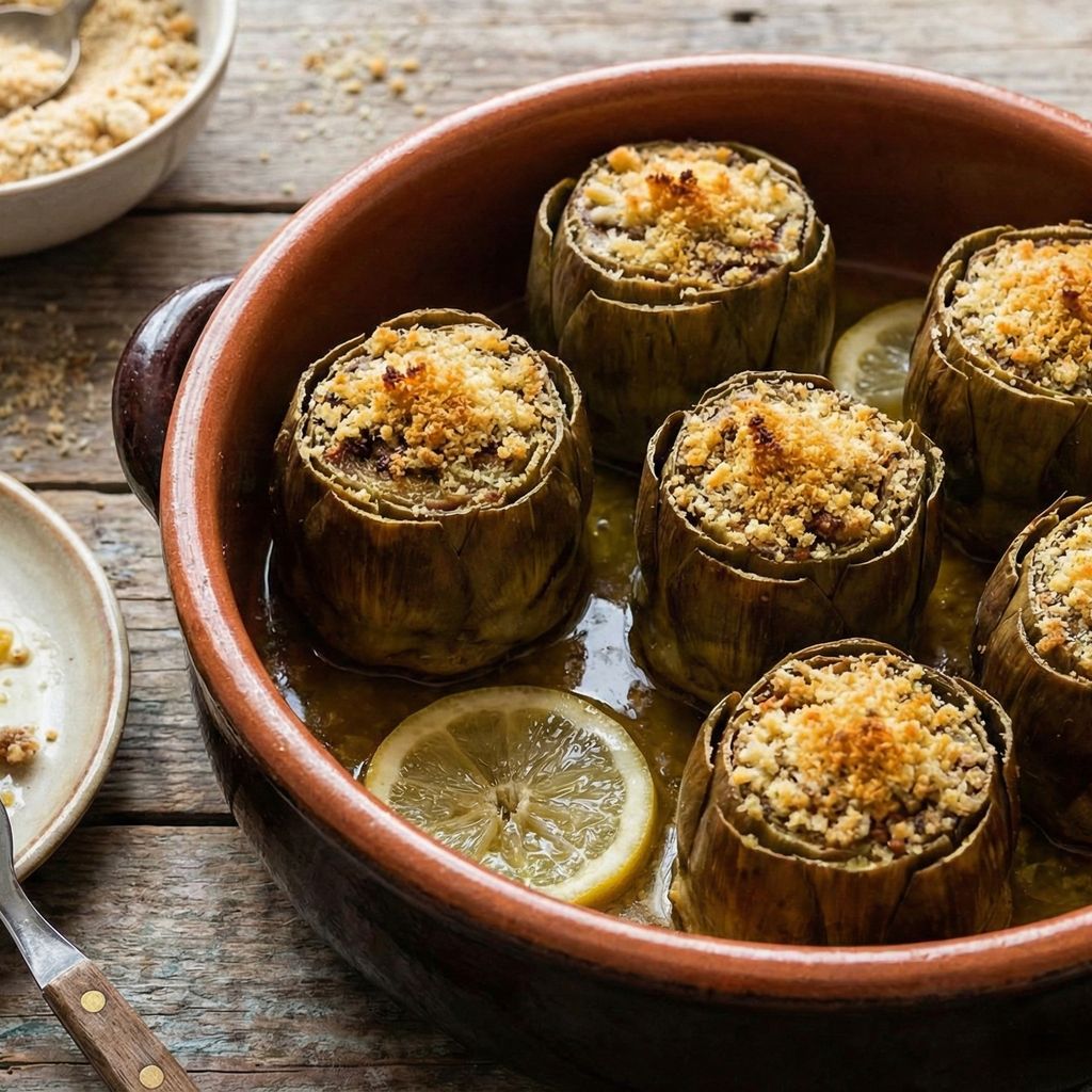 Stuffed artichokes in a clay pot, with one served on a plate being eaten.