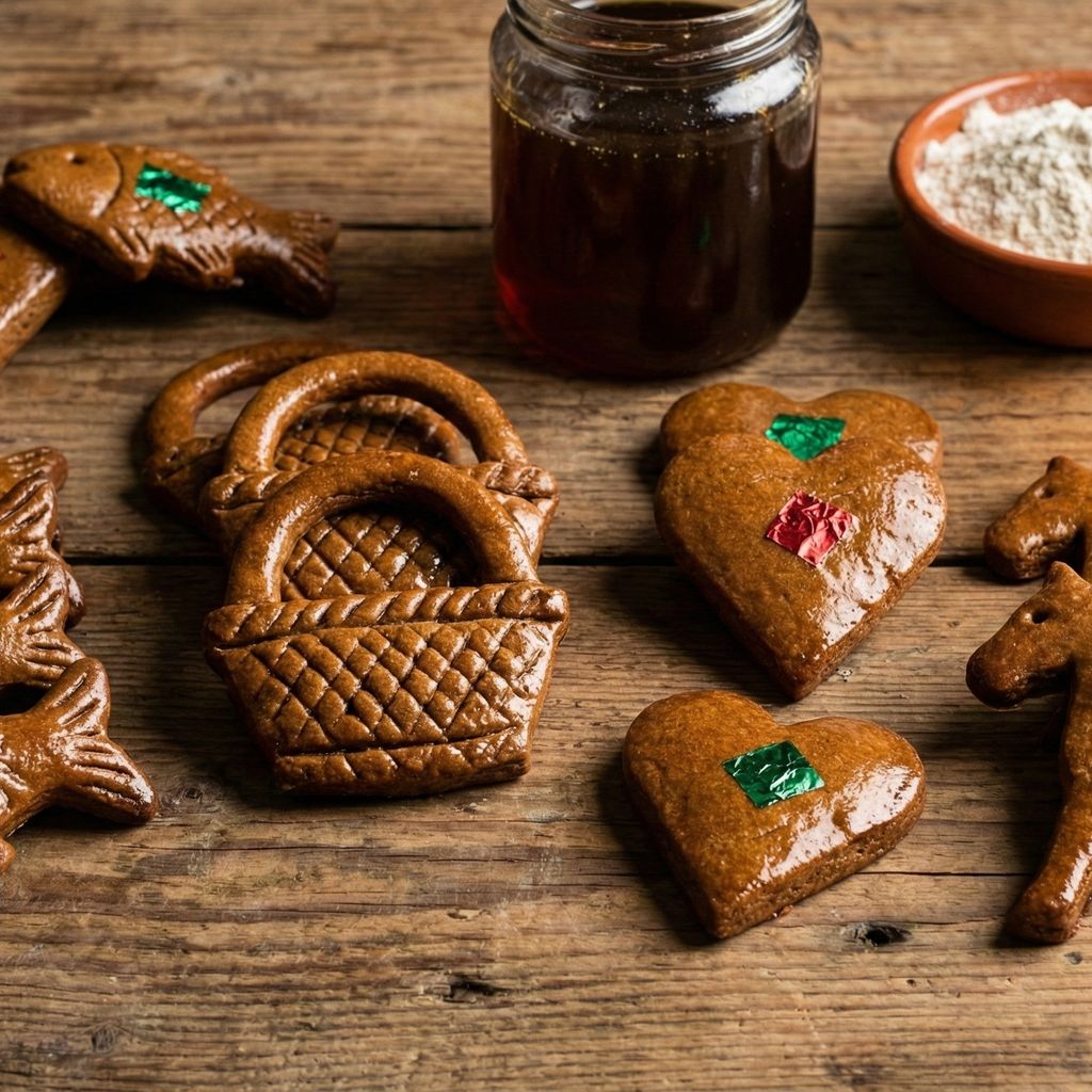 Traditional hard honey cookies shaped like animals and baskets, decorated with colored foil.