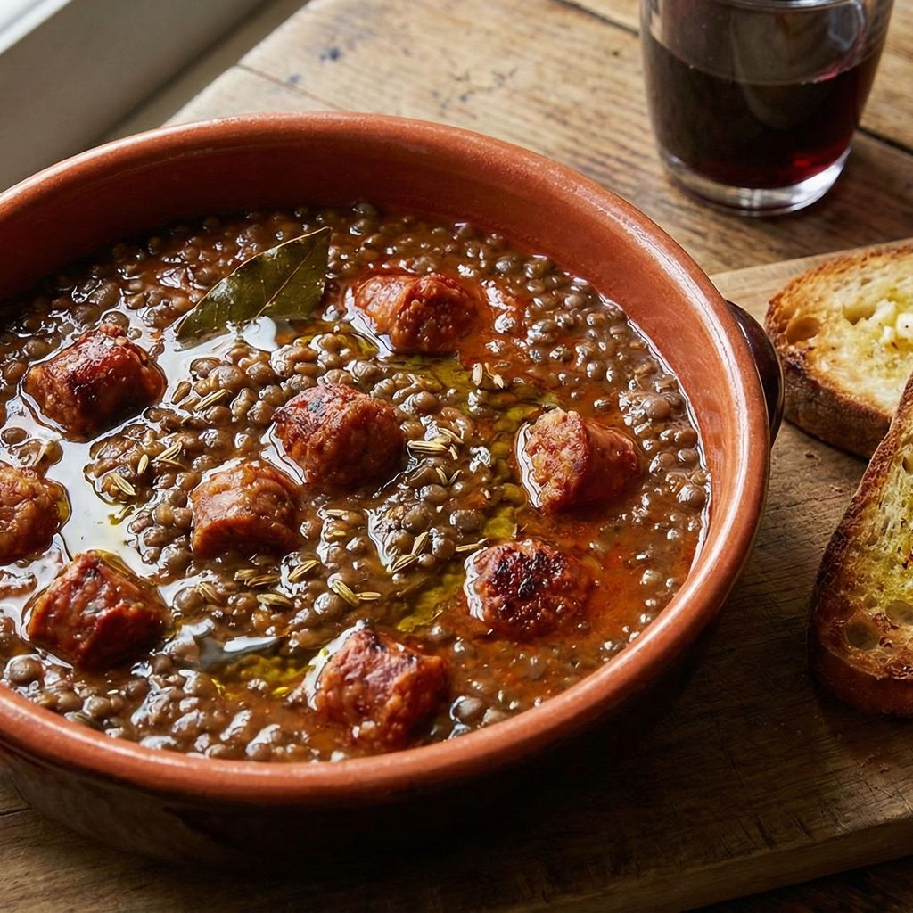 A rustic terracotta bowl filled with Calabrian lentil and sausage stew, served with toasted bread and red wine.