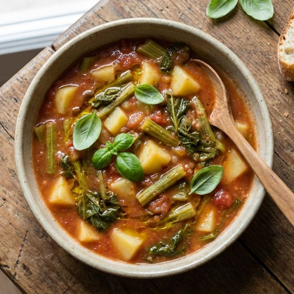 Bowl of rustic potato and zucchini shoot soup.