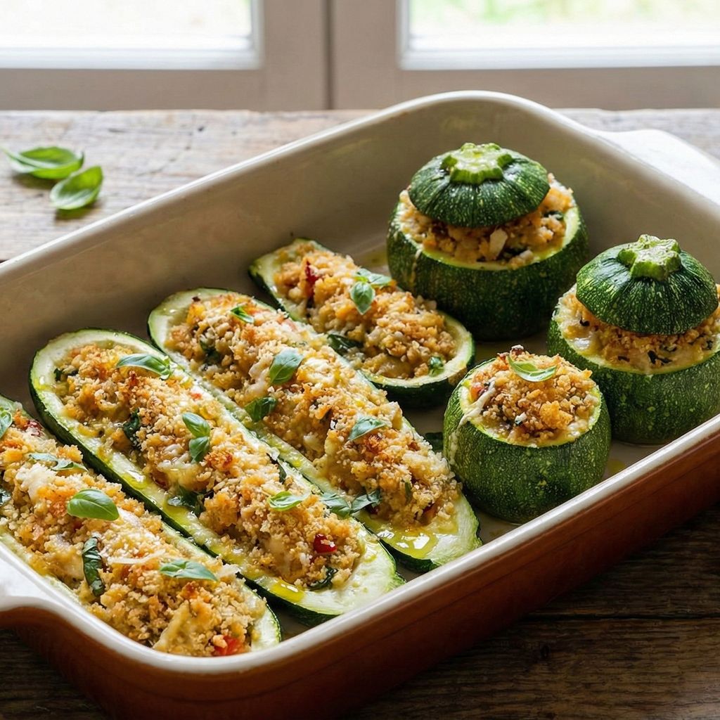 Baked stuffed zucchini in a ceramic dish.