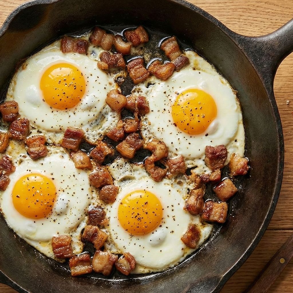 Fried eggs and pork cracklings in a cast iron skillet.