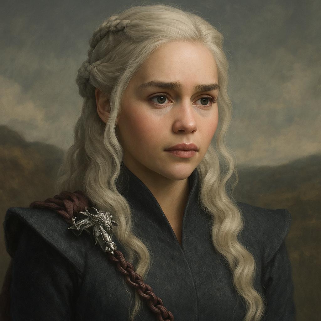 Digital portrait of Daenerys Targaryen with braided silver hair, light eyes and a dark dress decorated with a dragon-shaped brooch.