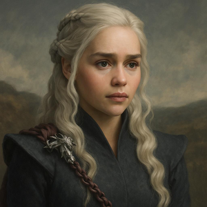 Digital portrait of Daenerys Targaryen with braided silver hair, light eyes and a dark dress decorated with a dragon-shaped brooch.