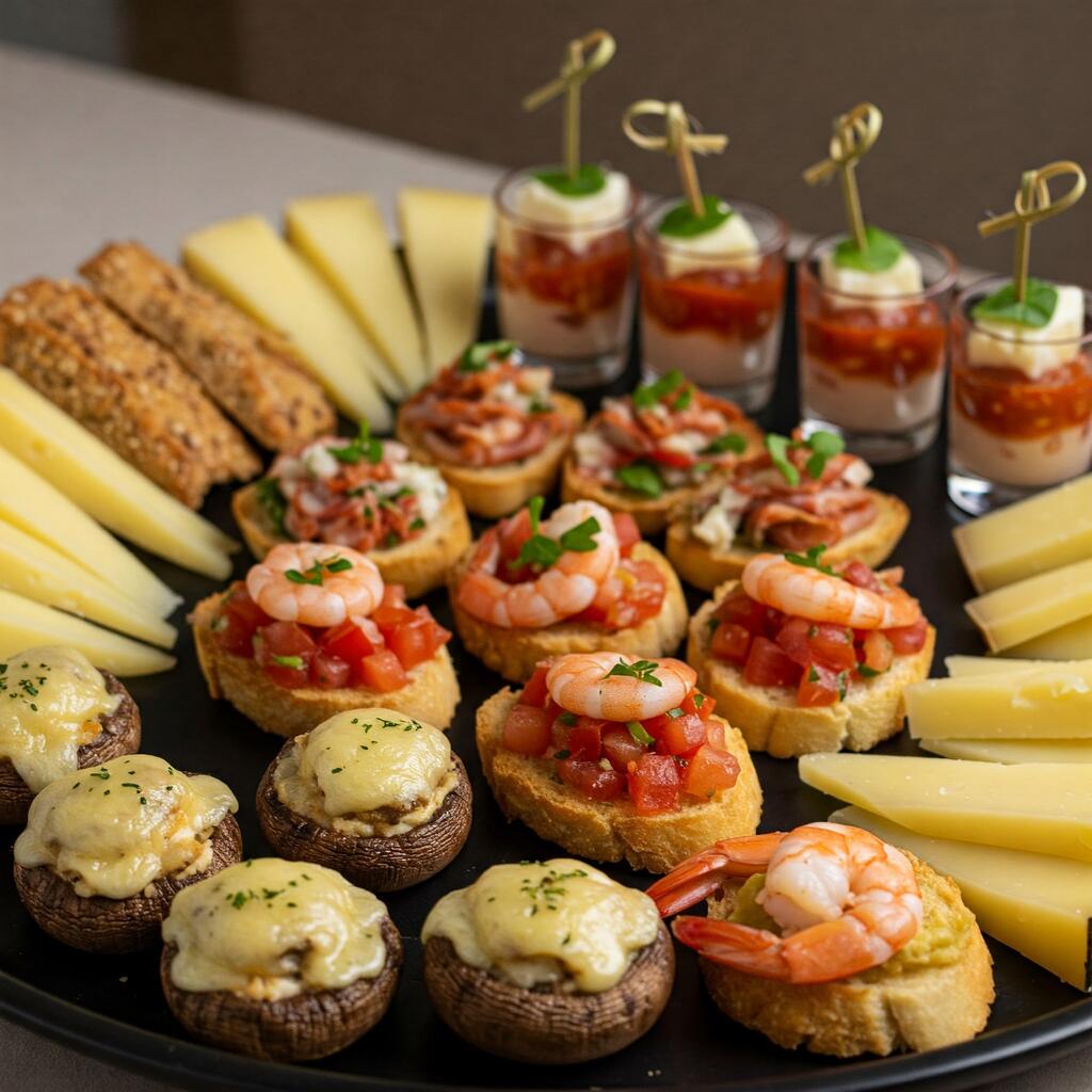A variety of beautifully presented hors d'oeuvres on a platter, featuring bite-sized appetizers such as stuffed mushrooms, mini bruschettas, shrimp cocktails, and delicate cheese platters, perfect for parties or gatherings.