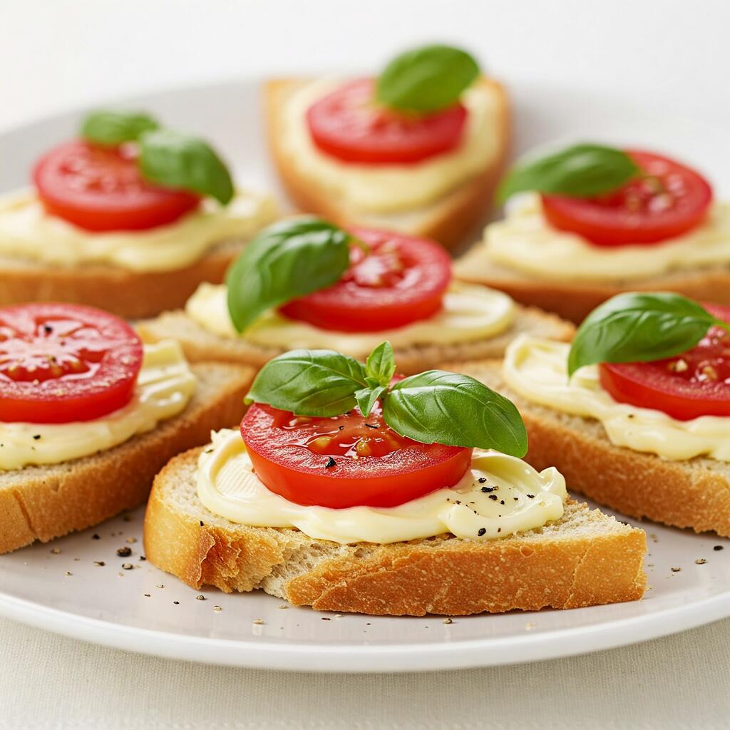 Triangular canapés made with toasted bread, butter, and mayonnaise, topped with a slice of cherry tomato and garnished with a fresh basil leaf. This light and flavorful appetizer is a perfect bite-sized treat for any occasion.