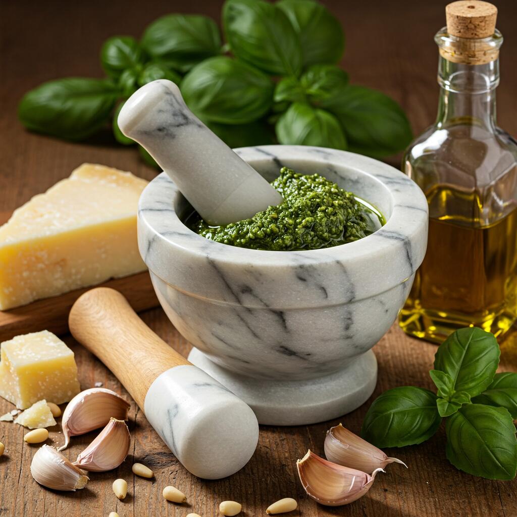 Pesto alla Genovese in a marble mortar with fresh basil leaves, pine nuts, garlic, Parmesan cheese, and olive oil on a rustic wooden surface