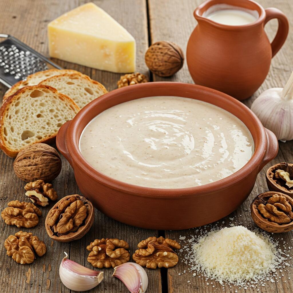 Walnut sauce in a ceramic bowl with shelled walnuts, garlic, bread crumbs, Parmesan cheese, and cream on a wooden table