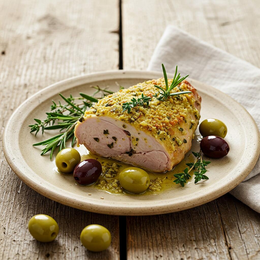 A slice of rabbit with olives served on a ceramic plate with herbs and a light sauce on a rustic wooden table