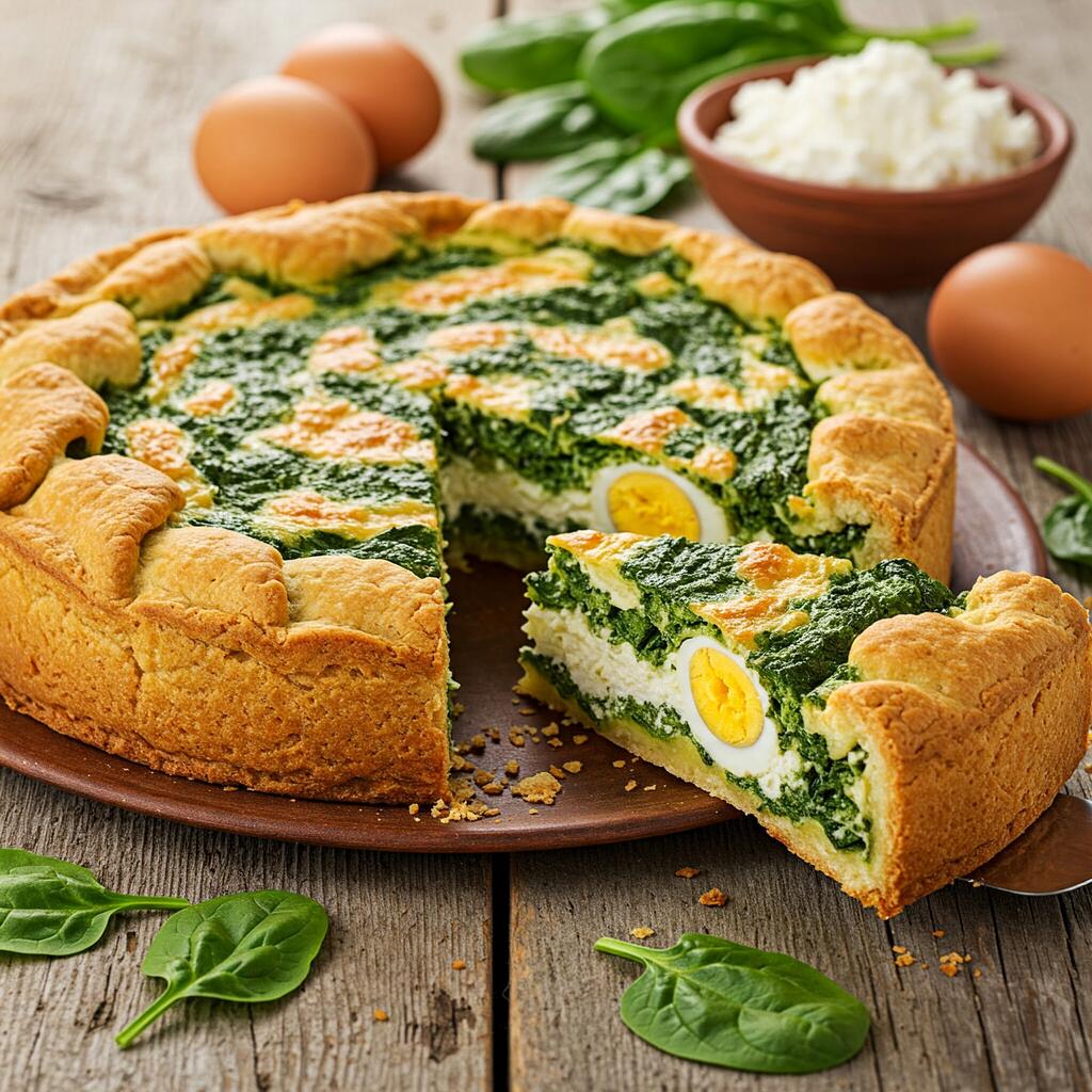 Torta Pasqualina with a golden flaky crust and a spinach and ricotta filling with whole baked eggs inside, sliced and served on a rustic table