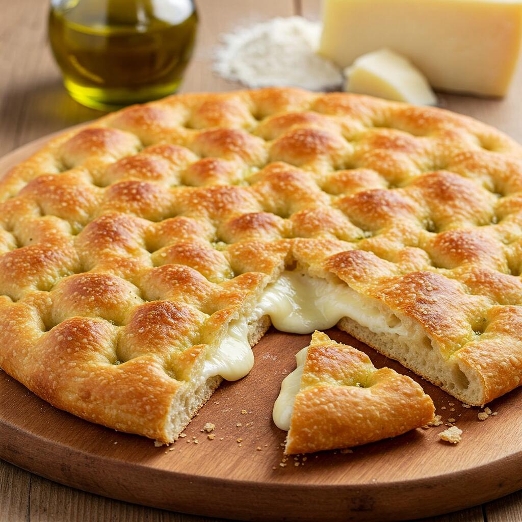Recco focaccia with a thin golden crust and melted stracchino cheese oozing from the center, served on a wooden board
