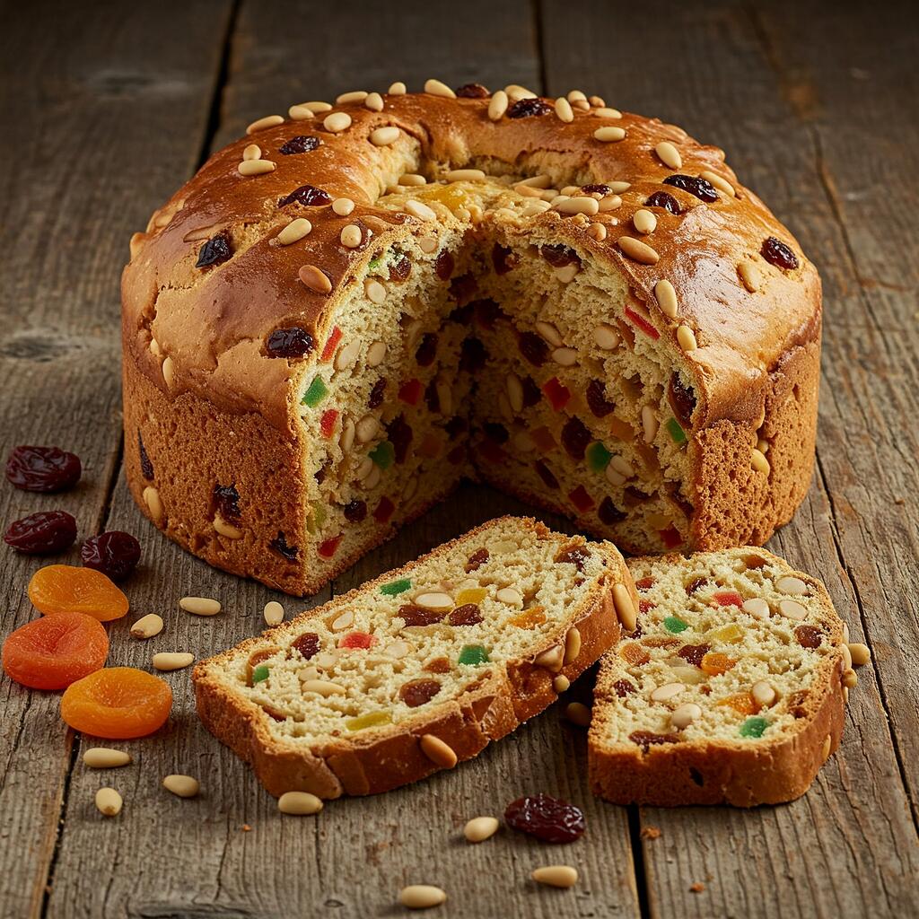 Pandolce Genovese with a golden crust and a rich interior filled with raisins, candied fruit, and pine nuts, sliced and served on a festive wooden table